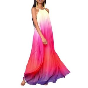 Yellow, Pink and Purple Ombre Pleated Maxi Dress